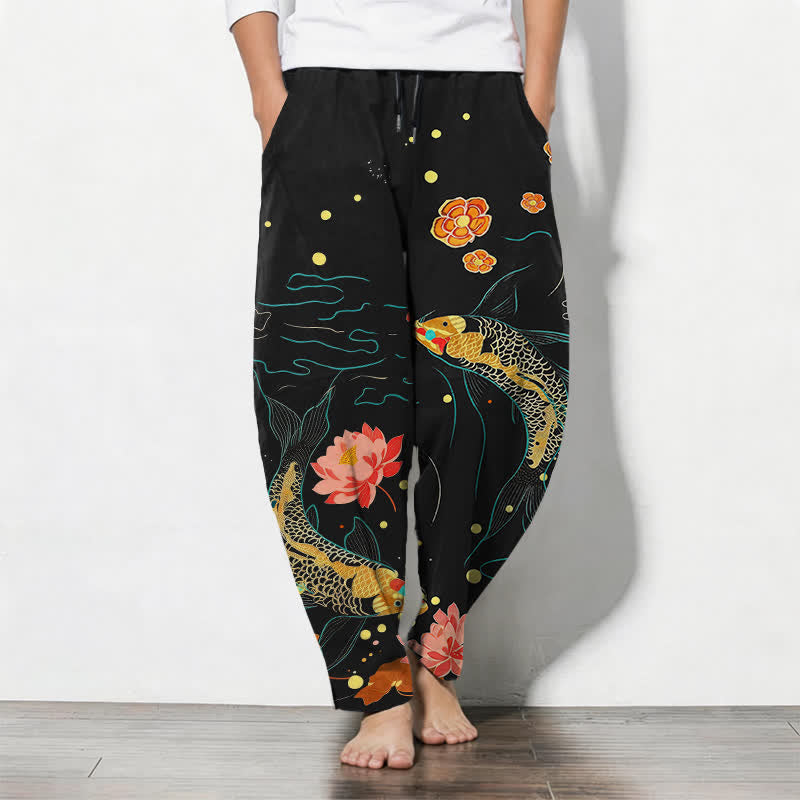 Buddha Stones Pure Cotton Golden Koi Lotus Wave Pattern Drawstring Men's Tapered Pants With Pockets - Black - US/UK/AU50,EU60 (5XL) - image 0