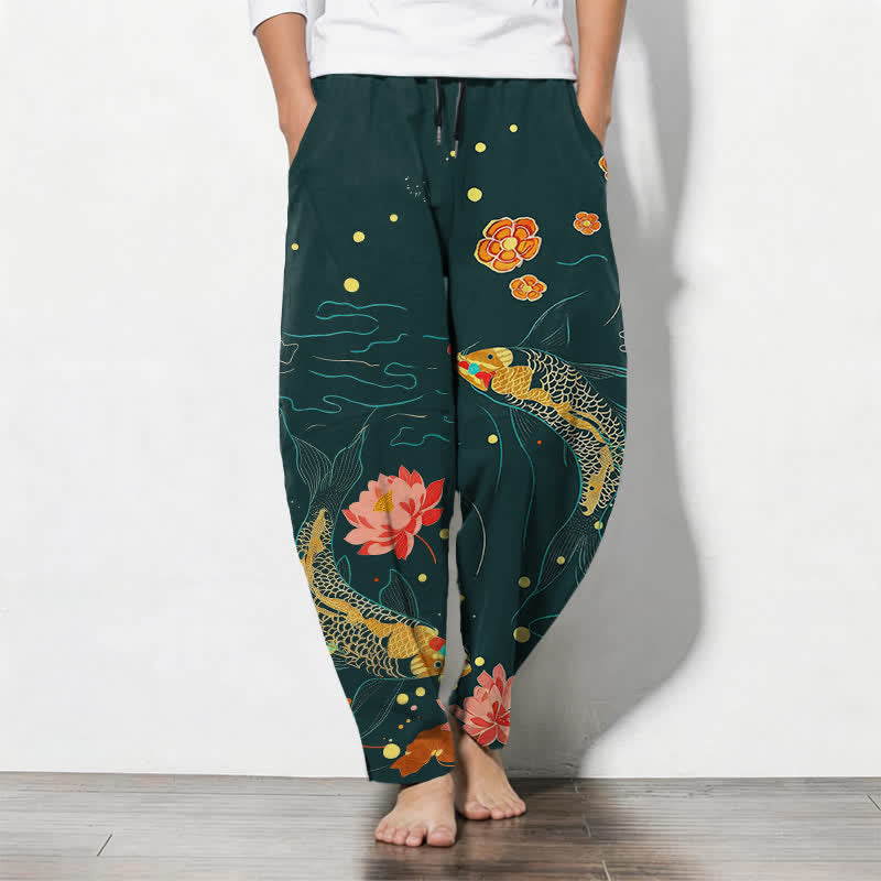 Buddha Stones Pure Cotton Golden Koi Lotus Wave Pattern Drawstring Men's Tapered Pants With Pockets - Teal - US/UK/AU50,EU60 (5XL) - image 7