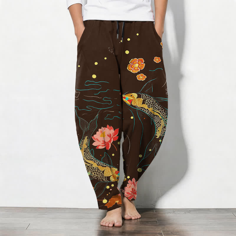 Buddha Stones Pure Cotton Golden Koi Lotus Wave Pattern Drawstring Men's Tapered Pants With Pockets - SaddleBrown - US/UK/AU50,EU60 (5XL) - image 11