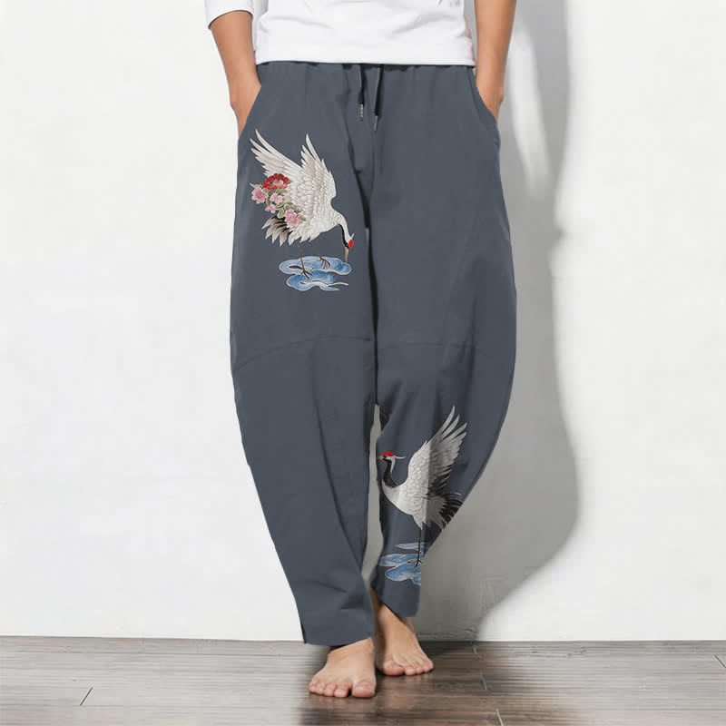 Buddha Stones Pure Cotton Red Crown Crane Pattern Drawstring Men's Tapered Pants With Pockets - SteelBlue - US/UK/AU50,EU60 (5XL) - image 0