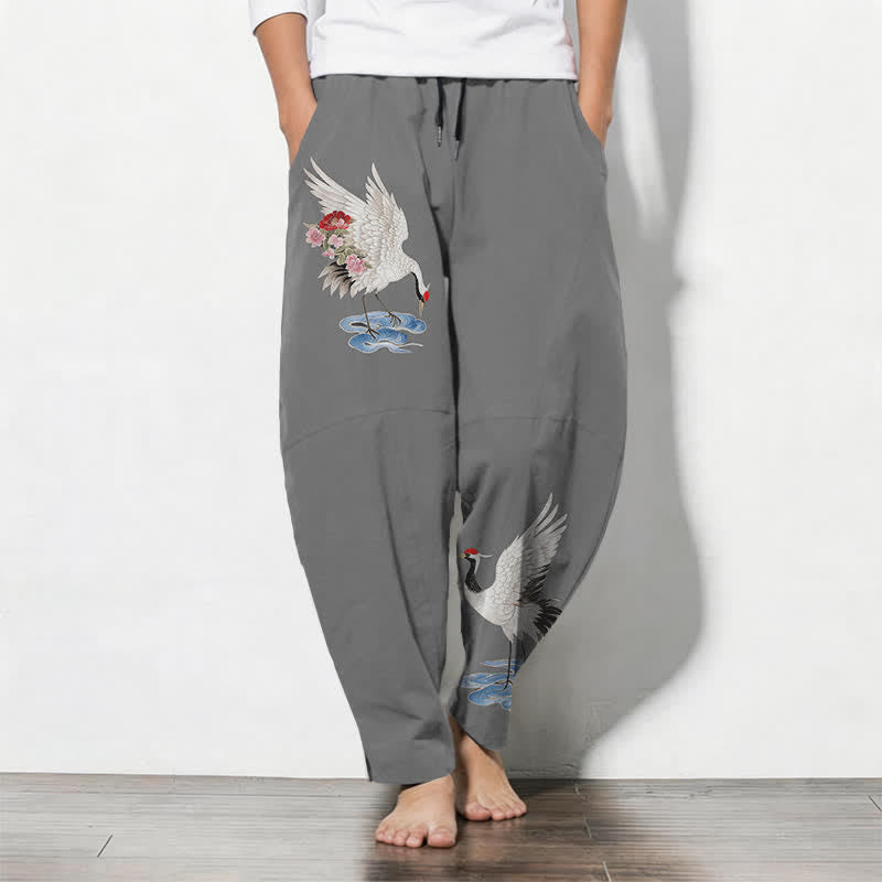 Buddha Stones Pure Cotton Red Crown Crane Pattern Drawstring Men's Tapered Pants With Pockets - Gray - US/UK/AU50,EU60 (5XL) - image 7