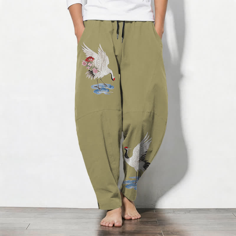 Buddha Stones Pure Cotton Red Crown Crane Pattern Drawstring Men's Tapered Pants With Pockets - Olive - US/UK/AU50,EU60 (5XL) - image 11