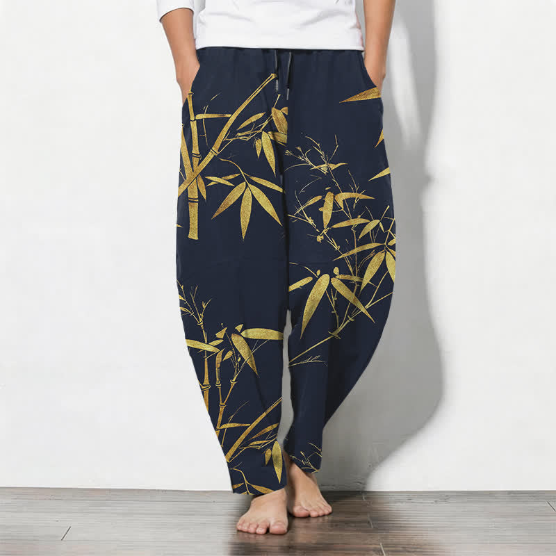 Buddha Stones Pure Cotton Golden Bamboo Pattern Drawstring Men's Tapered Pants With Pockets - Navy - US/UK/AU50,EU60 (5XL) - image 0