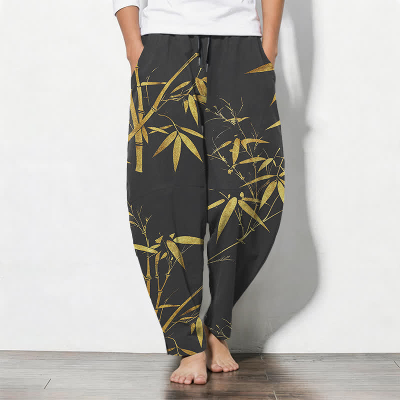 Buddha Stones Pure Cotton Golden Bamboo Pattern Drawstring Men's Tapered Pants With Pockets - Black - US/UK/AU50,EU60 (5XL) - image 7