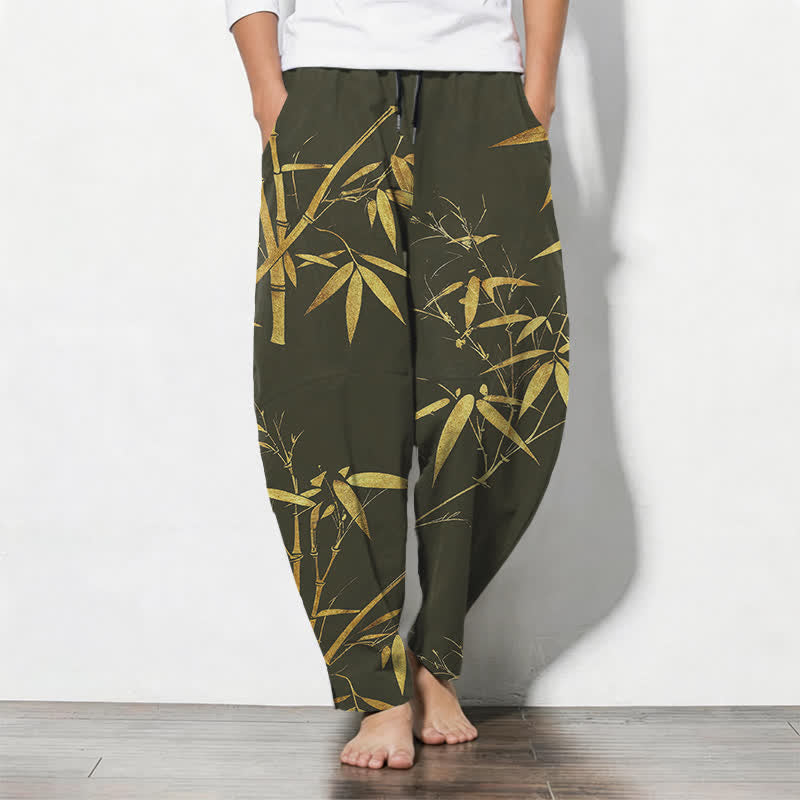 Buddha Stones Pure Cotton Golden Bamboo Pattern Drawstring Men's Tapered Pants With Pockets - DarkOliveGreen - US/UK/AU50,EU60 (5XL) - image 11