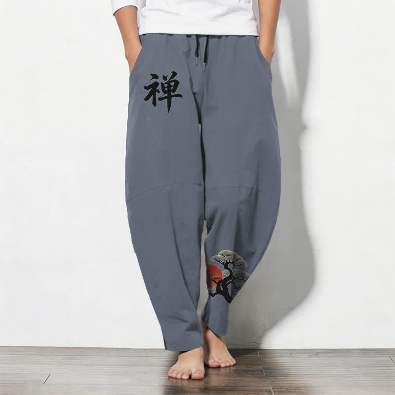 Buddha Stones Pure Cotton Zen Bonsai Sunset Pattern Drawstring Men's Tapered Pants With Pockets - SlateGray - US/UK/AU50,EU60 (5XL) - image 0