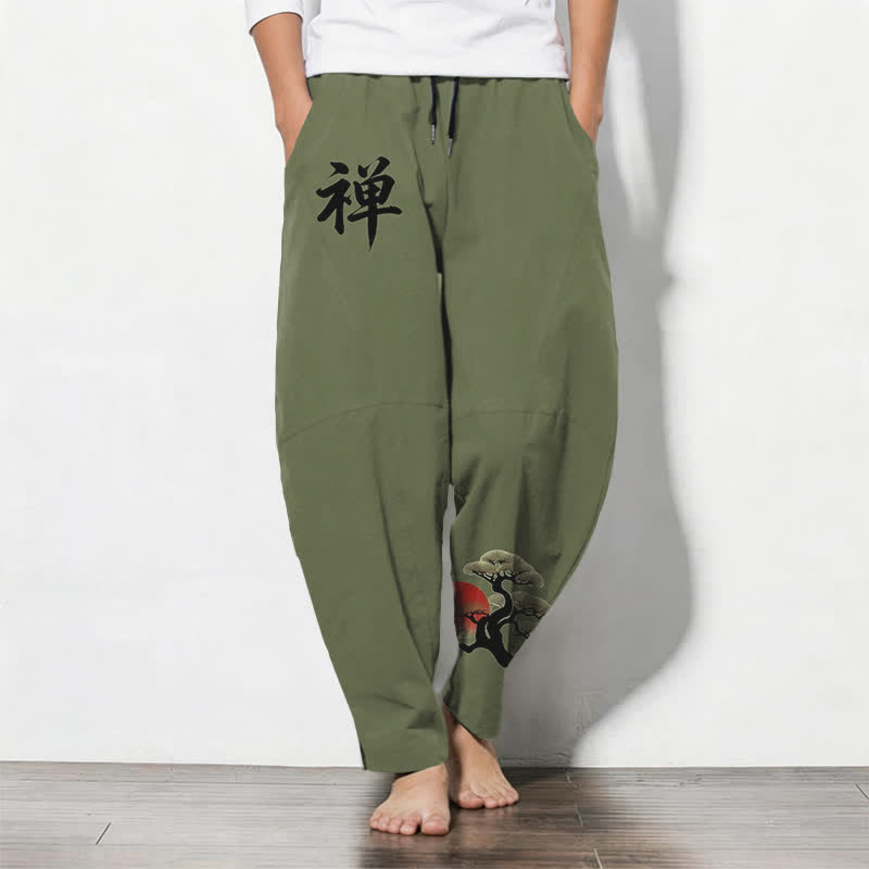 Buddha Stones Pure Cotton Zen Bonsai Sunset Pattern Drawstring Men's Tapered Pants With Pockets - OliveDrab - US/UK/AU50,EU60 (5XL) - image 7