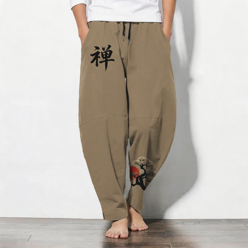 Buddha Stones Pure Cotton Zen Bonsai Sunset Pattern Drawstring Men's Tapered Pants With Pockets - Tan - US/UK/AU50,EU60 (5XL) - image 11