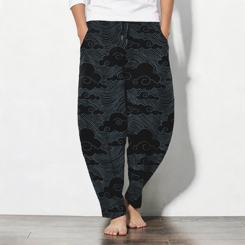 Buddha Stones Pure Cotton Japanese Cloud Wave Pattern Drawstring Men's Tapered Pants With Pockets - Black - US/UK/AU50,EU60 (5XL) - image 0
