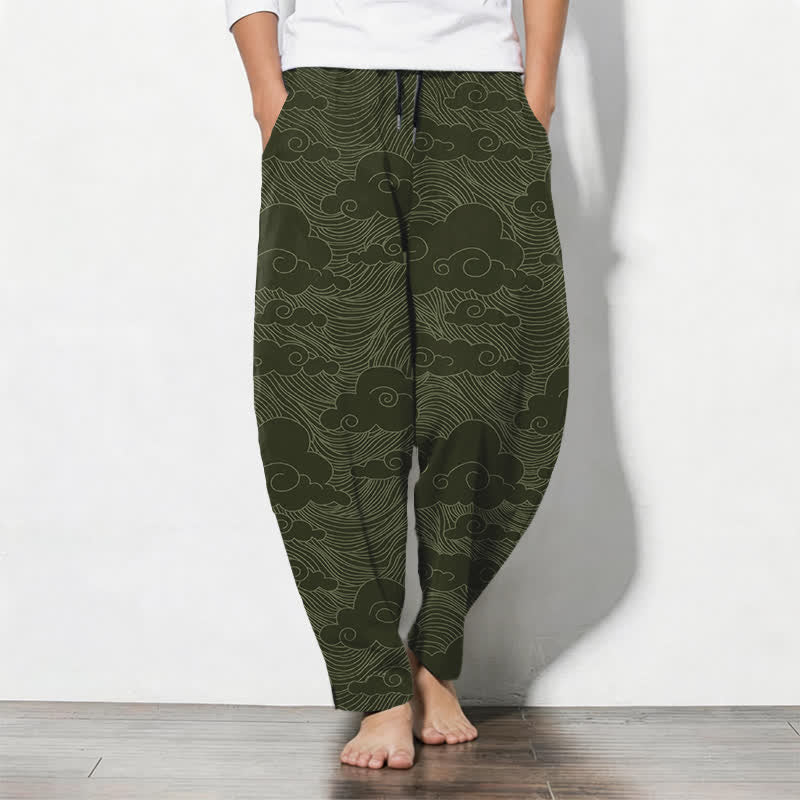 Buddha Stones Pure Cotton Japanese Cloud Wave Pattern Drawstring Men's Tapered Pants With Pockets - DarkOliveGreen - US/UK/AU50,EU60 (5XL) - image 7
