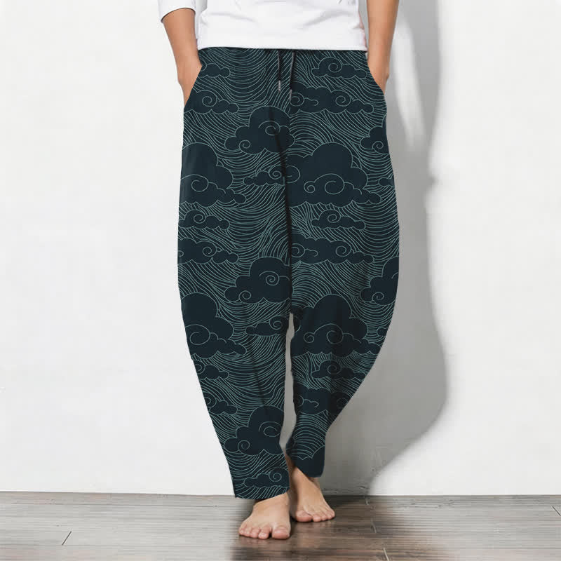 Buddha Stones Pure Cotton Japanese Cloud Wave Pattern Drawstring Men's Tapered Pants With Pockets - Teal - US/UK/AU50,EU60 (5XL) - image 11