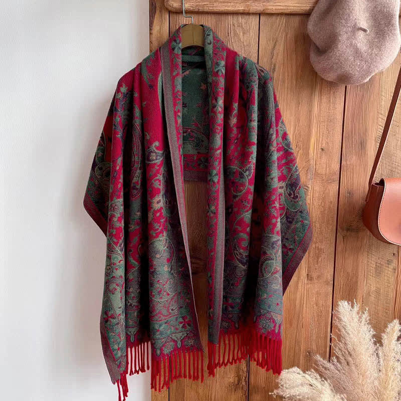 Buddha Stones Tibetan Flower Branch Tassel Shawl Cozy Travel Scarf Wrap - Red 180*65cm - image 11