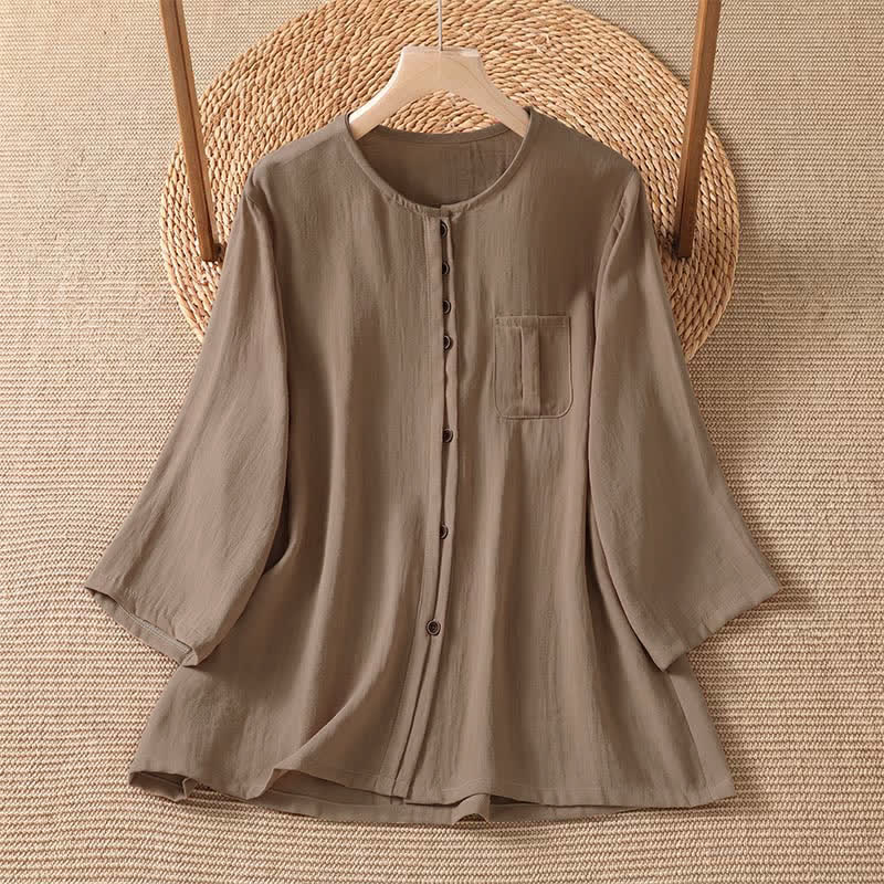 Buddha Stones Spring Casual Minimalist Button-Up Solid Women's Three-Quarter Sleeve Shirts With Patch Pocket - Tan - US4-8/10,UK/AU8-12/14,EU36-40/42 (F) - image 7