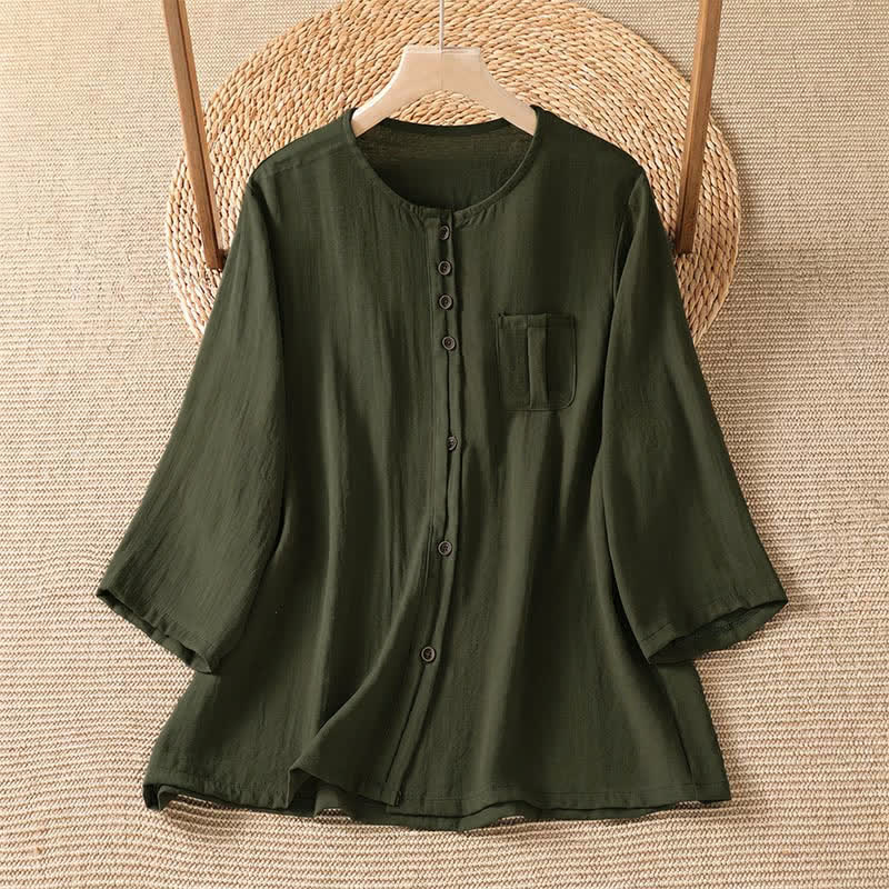 Buddha Stones Spring Casual Minimalist Button-Up Solid Women's Three-Quarter Sleeve Shirts With Patch Pocket - DarkOliveGreen - US4-8/10,UK/AU8-12/14,EU36-40/42 (F) - image 15