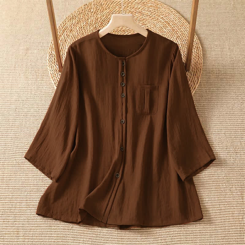 Buddha Stones Spring Casual Minimalist Button-Up Solid Women's Three-Quarter Sleeve Shirts With Patch Pocket - Sienna - US4-8/10,UK/AU8-12/14,EU36-40/42 (F) - image 0