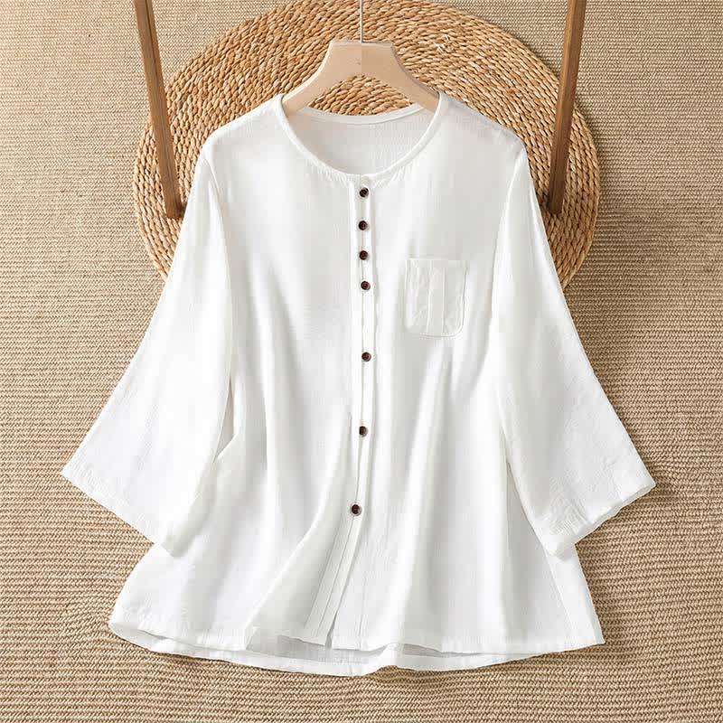 Buddha Stones Spring Casual Minimalist Button-Up Solid Women's Three-Quarter Sleeve Shirts With Patch Pocket - White - US4-8/10,UK/AU8-12/14,EU36-40/42 (F) - image 29