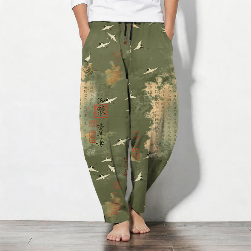 Buddha Stones Pure Cotton Crane Cloud Calligraphy Pattern Drawstring Men's Tapered Pants With Pockets - OliveDrab - US/UK/AU50,EU60 (5XL) - image 11