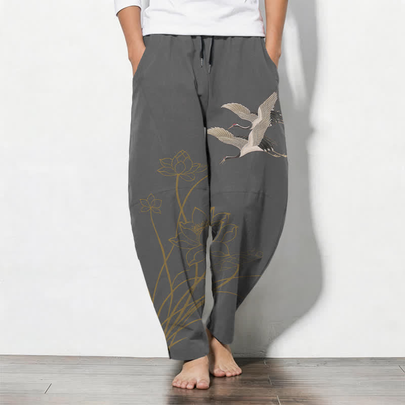 Buddha Stones Pure Cotton Flying Crane Lotus Pattern Drawstring Men's Tapered Pants With Pockets - DimGray - US/UK/AU50,EU60 (5XL) - image 0