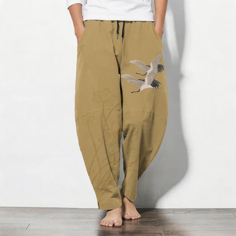 Buddha Stones Pure Cotton Flying Crane Lotus Pattern Drawstring Men's Tapered Pants With Pockets - DarkKhaki - US/UK/AU50,EU60 (5XL) - image 7