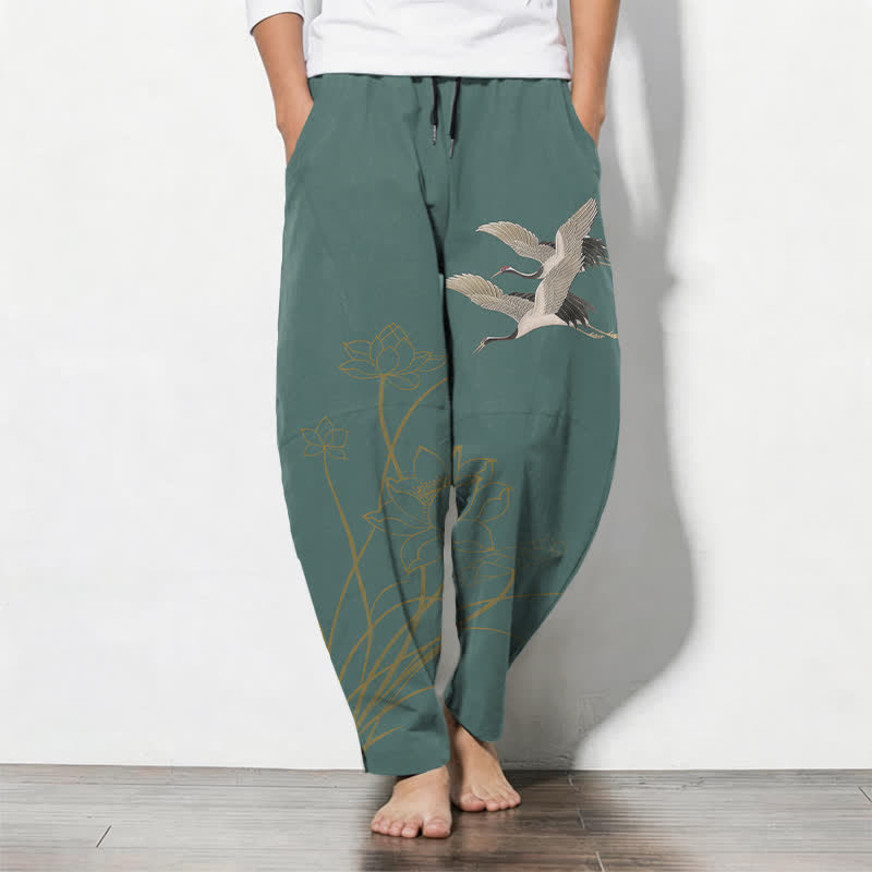 Buddha Stones Pure Cotton Flying Crane Lotus Pattern Drawstring Men's Tapered Pants With Pockets - Teal - US/UK/AU50,EU60 (5XL) - image 11