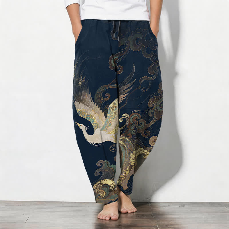 Buddha Stones Pure Cotton Crane Cloud Wave Pattern Drawstring Men's Tapered Pants With Pockets - MidnightBlue - US/UK/AU50,EU60 (5XL) - image 7