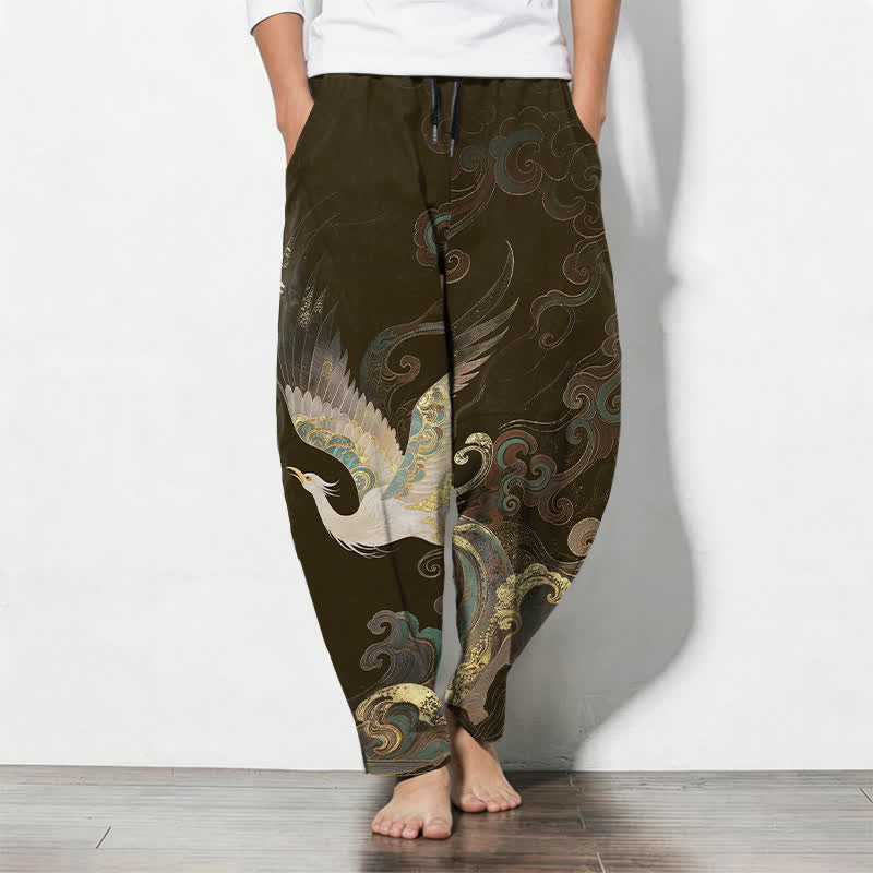 Buddha Stones Pure Cotton Crane Cloud Wave Pattern Drawstring Men's Tapered Pants With Pockets - SaddleBrown - US/UK/AU50,EU60 (5XL) - image 11