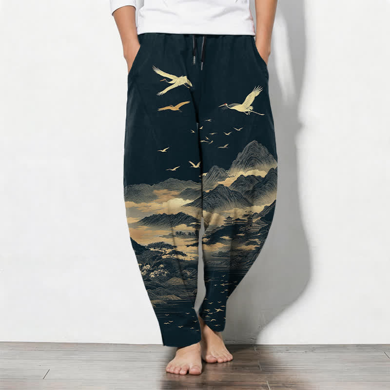 Buddha Stones Pure Cotton Cloud Mountain Crane Pattern Drawstring Men's Tapered Pants With Pockets - MidnightBlue - US/UK/AU50,EU60 (5XL) - image 0