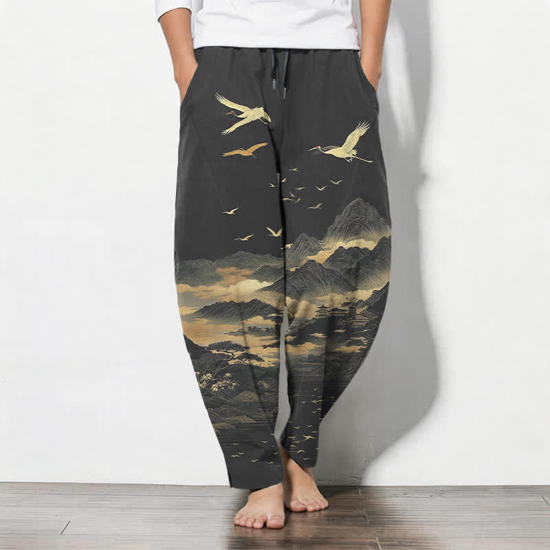 Buddha Stones Pure Cotton Cloud Mountain Crane Pattern Drawstring Men's Tapered Pants With Pockets - DimGray - US/UK/AU50,EU60 (5XL) - image 7