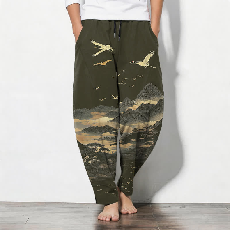 Buddha Stones Pure Cotton Cloud Mountain Crane Pattern Drawstring Men's Tapered Pants With Pockets - DarkOliveGreen - US/UK/AU50,EU60 (5XL) - image 11