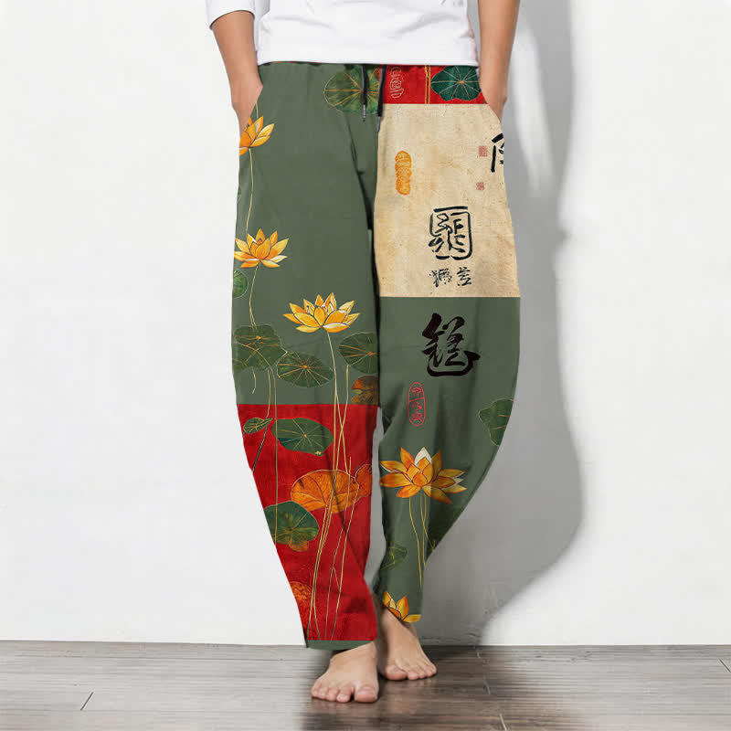 Buddha Stones Pure Cotton Lotus Calligraphy Patchwork Pattern Drawstring Men's Tapered Pants With Pockets - OliveDrab - US/UK/AU50,EU60 (5XL) - image 11