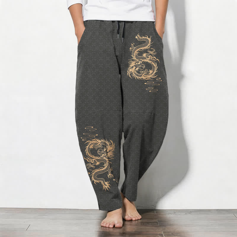 Buddha Stones Pure Cotton Golden Dragon Pattern Drawstring Men's Tapered Pants With Pockets - DimGray - US/UK/AU50,EU60 (5XL) - image 0