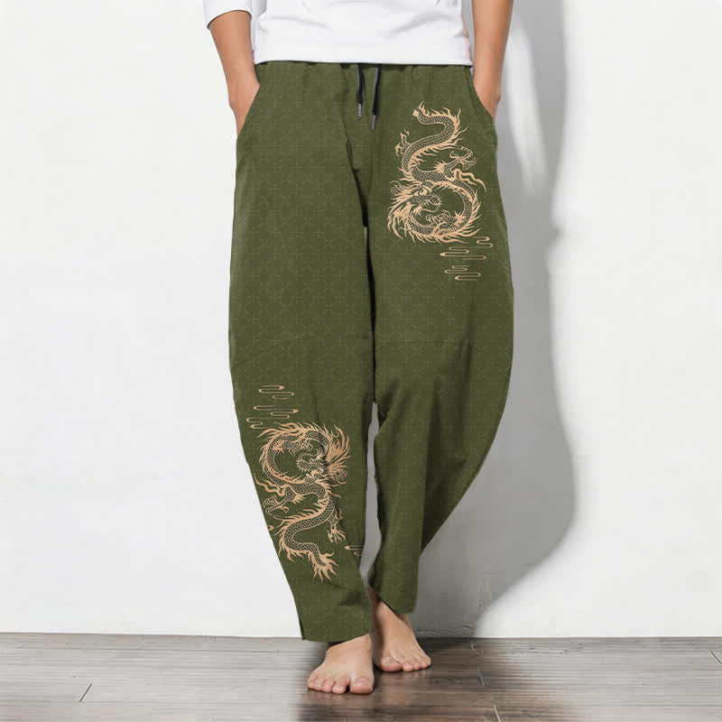 Buddha Stones Pure Cotton Golden Dragon Pattern Drawstring Men's Tapered Pants With Pockets - OliveDrab - US/UK/AU50,EU60 (5XL) - image 7