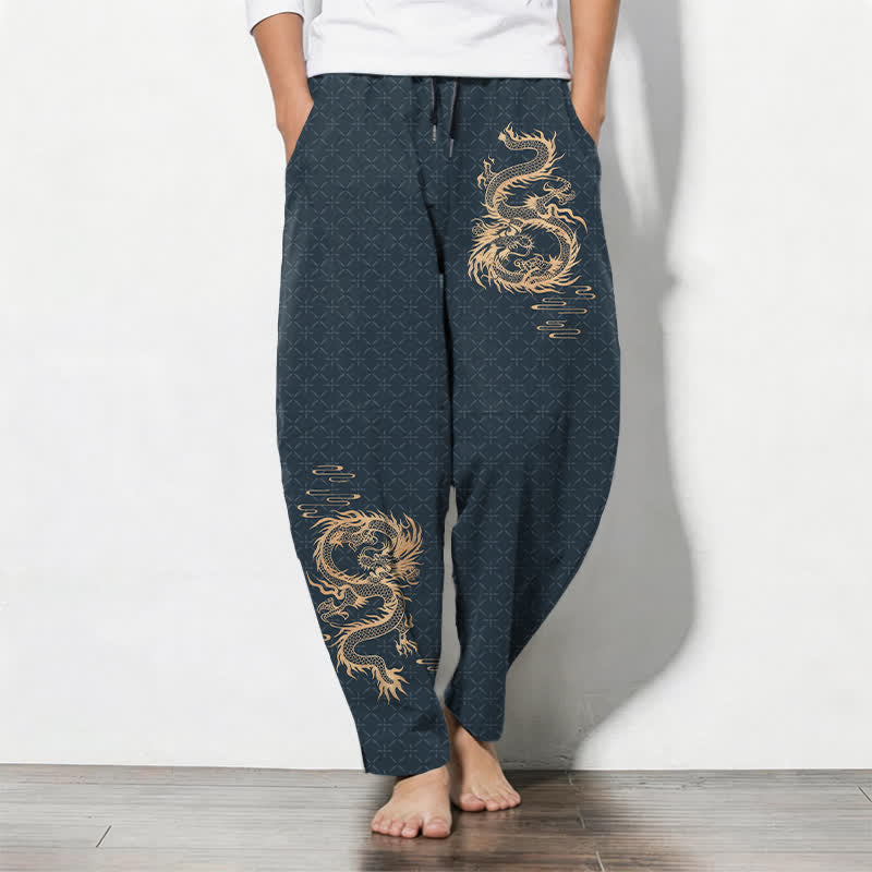 Buddha Stones Pure Cotton Golden Dragon Pattern Drawstring Men's Tapered Pants With Pockets - DarkSlateGray - US/UK/AU50,EU60 (5XL) - image 11