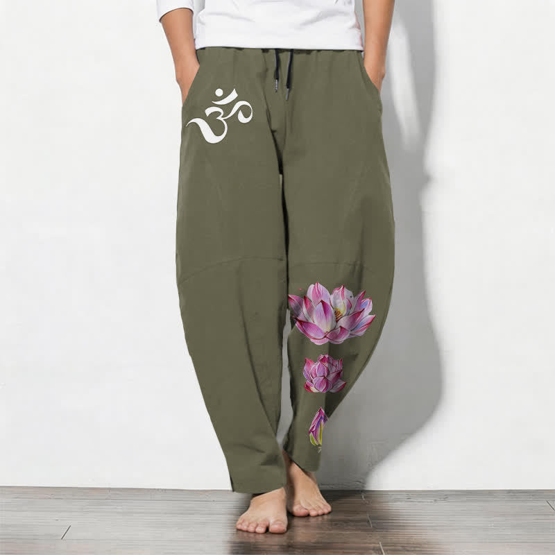 Buddha Stones Pure Cotton Pink Lotus Om Pattern Drawstring Men's Tapered Pants With Pockets - OliveDrab - US/UK/AU50,EU60 (5XL) - image 0