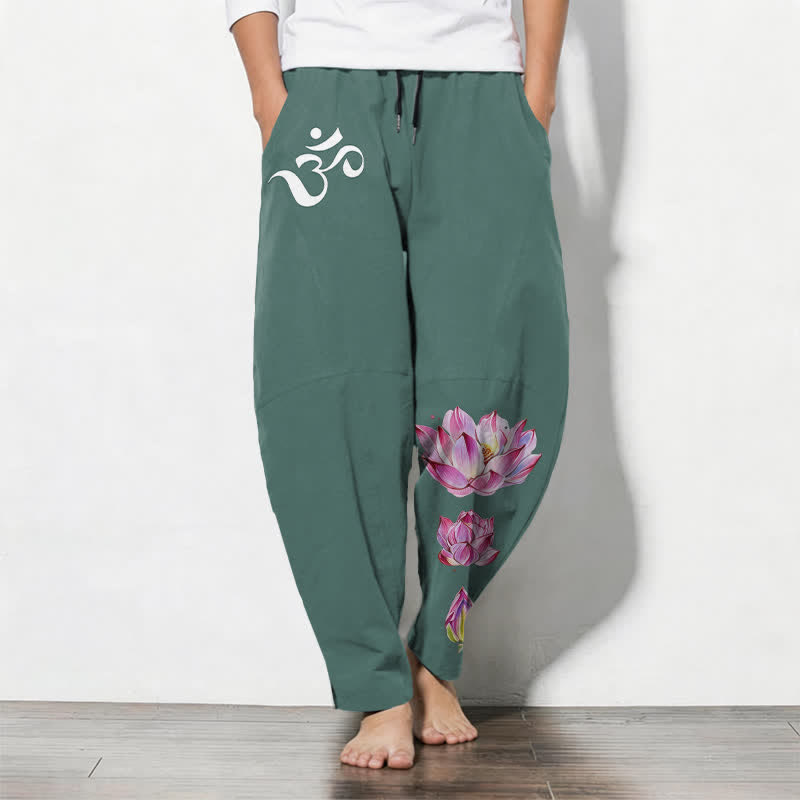 Buddha Stones Pure Cotton Pink Lotus Om Pattern Drawstring Men's Tapered Pants With Pockets - Teal - US/UK/AU50,EU60 (5XL) - image 7