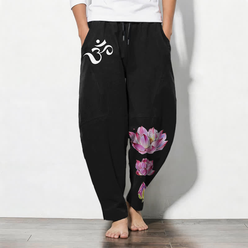 Buddha Stones Pure Cotton Pink Lotus Om Pattern Drawstring Men's Tapered Pants With Pockets - Black - US/UK/AU50,EU60 (5XL) - image 11