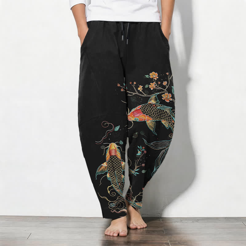 Buddha Stones Pure Cotton Koi Fish Floral Pattern Drawstring Men's Tapered Pants With Pockets - Black - US/UK/AU50,EU60 (5XL) - image 0