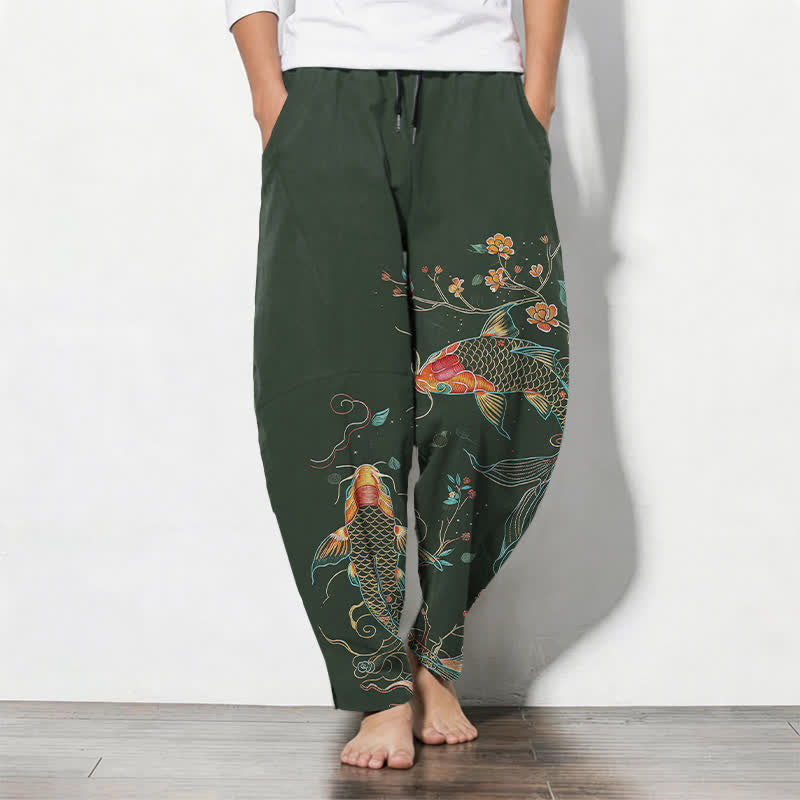 Buddha Stones Pure Cotton Koi Fish Floral Pattern Drawstring Men's Tapered Pants With Pockets - DarkGreen - US/UK/AU50,EU60 (5XL) - image 7