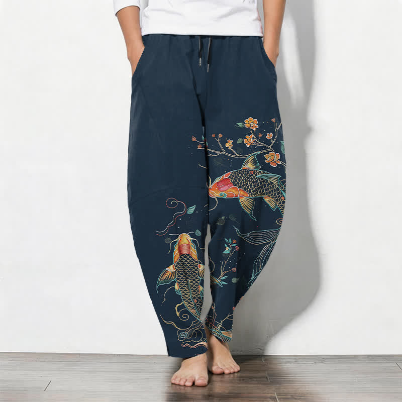 Buddha Stones Pure Cotton Koi Fish Floral Pattern Drawstring Men's Tapered Pants With Pockets - Navy - US/UK/AU50,EU60 (5XL) - image 11