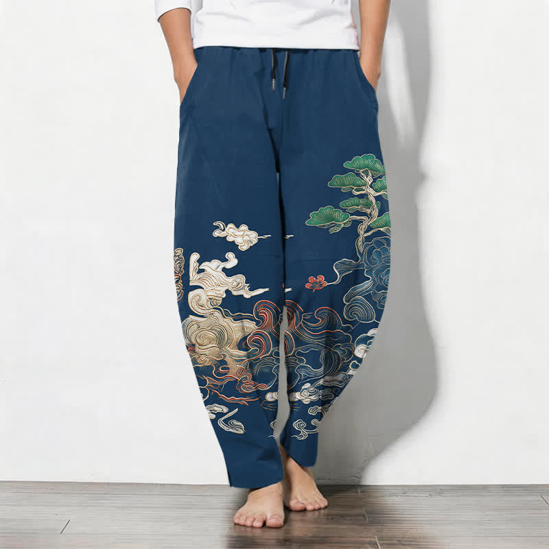 Buddha Stones Pure Cotton Cloud Pine Wave Pattern Drawstring Men's Tapered Pants With Pockets - Navy - US/UK/AU50,EU60 (5XL) - image 7