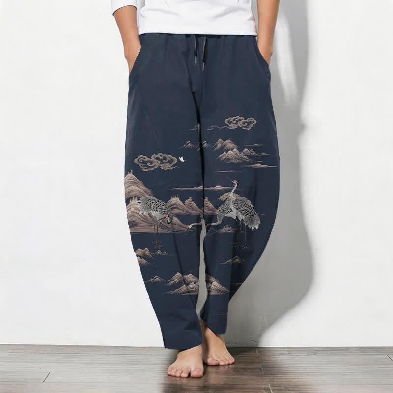 Buddha Stones Pure Cotton Crane Cloud Mountain Pattern Drawstring Men's Tapered Pants With Pockets - MidnightBlue - US/UK/AU50,EU60 (5XL) - image 7