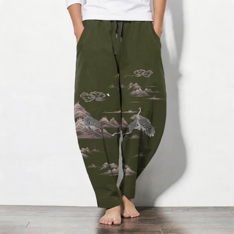 Buddha Stones Pure Cotton Crane Cloud Mountain Pattern Drawstring Men's Tapered Pants With Pockets - DarkOliveGreen - US/UK/AU50,EU60 (5XL) - image 11