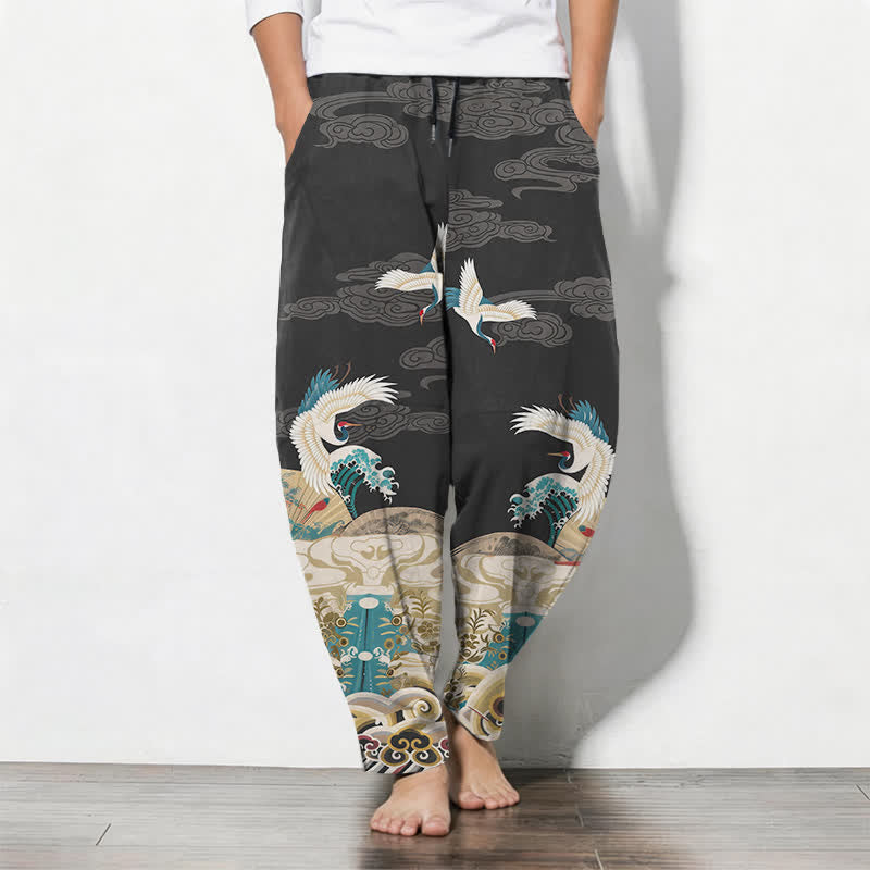Buddha Stones Pure Cotton Crane Wave Cloud Pattern Drawstring Men's Tapered Pants With Pockets - DimGray - US/UK/AU50,EU60 (5XL) - image 7