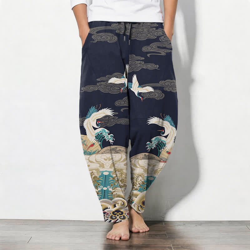 Buddha Stones Pure Cotton Crane Wave Cloud Pattern Drawstring Men's Tapered Pants With Pockets - Navy - US/UK/AU50,EU60 (5XL) - image 0