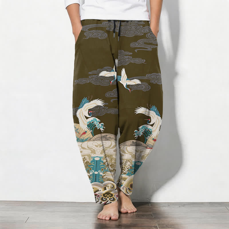 Buddha Stones Pure Cotton Crane Wave Cloud Pattern Drawstring Men's Tapered Pants With Pockets - Olive - US/UK/AU50,EU60 (5XL) - image 11