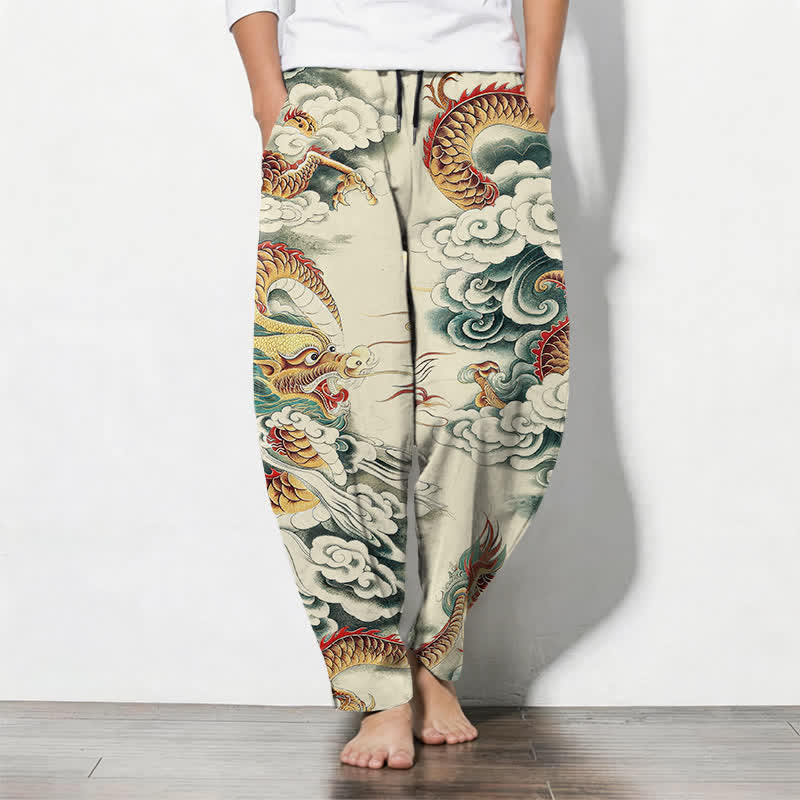 Buddha Stones Pure Cotton Cloud Dragon Pattern Drawstring Men's Tapered Pants With Pockets - Beige - US/UK/AU50,EU60 (5XL) - image 0