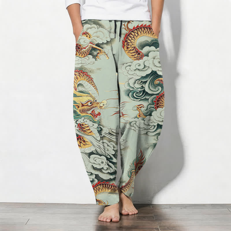 Buddha Stones Pure Cotton Cloud Dragon Pattern Drawstring Men's Tapered Pants With Pockets - PaleGreen - US/UK/AU50,EU60 (5XL) - image 7