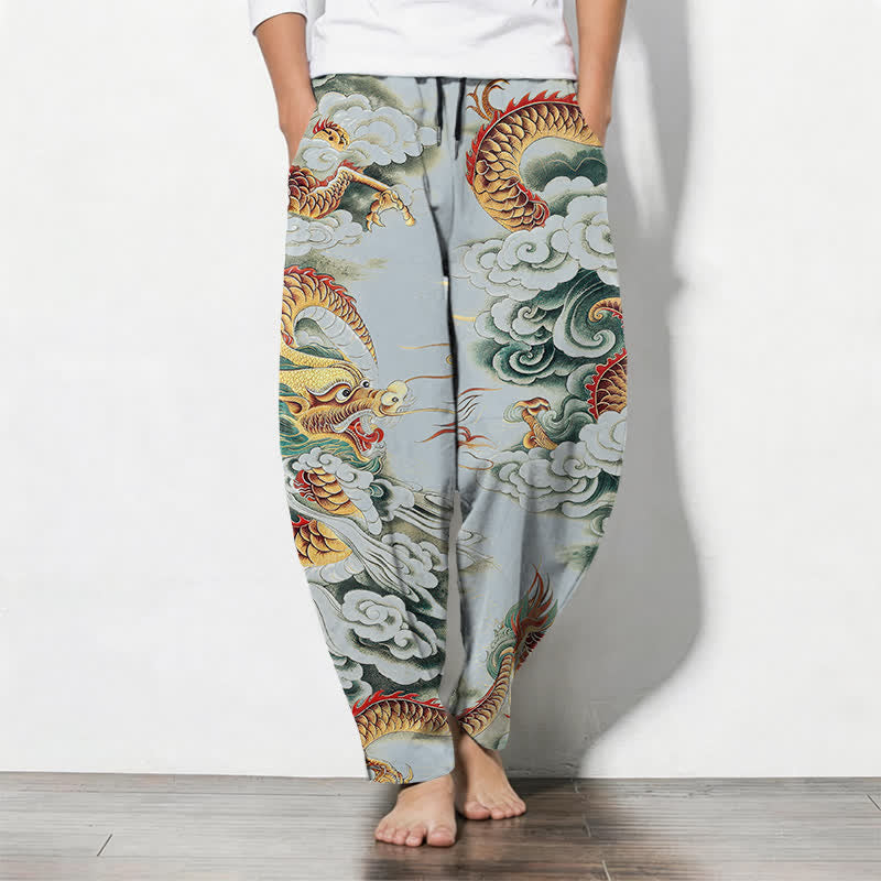 Buddha Stones Pure Cotton Cloud Dragon Pattern Drawstring Men's Tapered Pants With Pockets - PowderBlue - US/UK/AU50,EU60 (5XL) - image 11