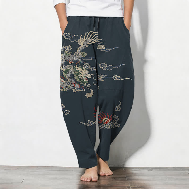 Buddha Stones Pure Cotton Dragon Cloud Fireball Pattern Drawstring Men's Tapered Pants With Pockets - Navy - US/UK/AU50,EU60 (5XL) - image 0
