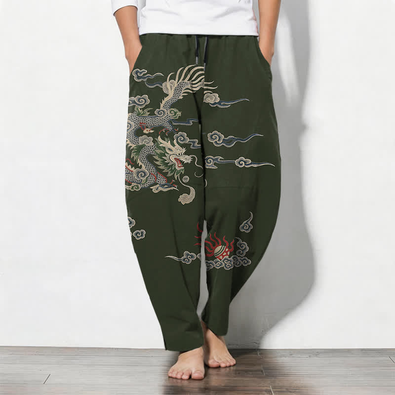 Buddha Stones Pure Cotton Dragon Cloud Fireball Pattern Drawstring Men's Tapered Pants With Pockets - DarkGreen - US/UK/AU50,EU60 (5XL) - image 7